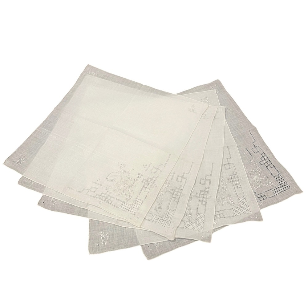 Vintage Hand Embroidered Linen Handkerchiefs Set of 6 Floral Drawn Thread Work